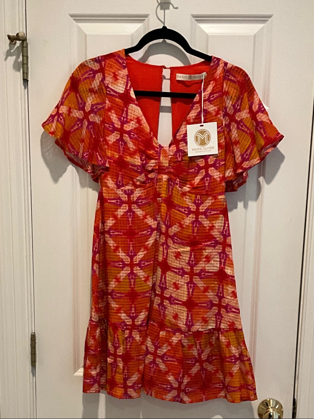 Marie Oliver Pink Red Orange Geometric Flutter-Sleeve Dress